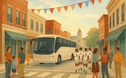 A downtown street in Lawrence with banners and a soccer team bus being welcomed by local residents.