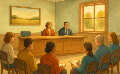 A welcoming illustration of a school board meeting with community members present.