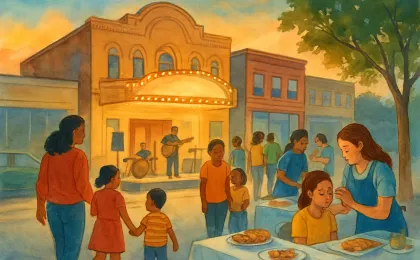 A family-friendly evening street scene showing a cultural community celebration with food tables, music, and children’s activities outside a historic venue.
