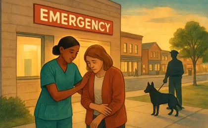 A city hospital scene with a concerned person supported by medical staff and a police K-9 in the distance, symbolizing a local legal dispute over emergency care.