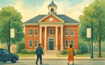 County courthouse scene symbolizing a local commission primary election