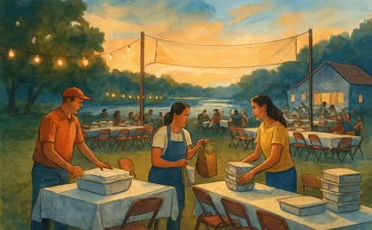 An evening community fundraiser scene with volunteers preparing food delivery items at a riverside event center.