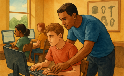 Teens learn keyboard-based coding guidance at a community camp, with tactile keyboards and a transition to outdoor adventure activities.