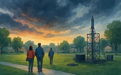 An evening community park scene showing storm clouds parting and preparations for rescheduled fireworks.