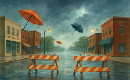 Empty parade street in Old Town Lenexa under storm clouds as the event is canceled.