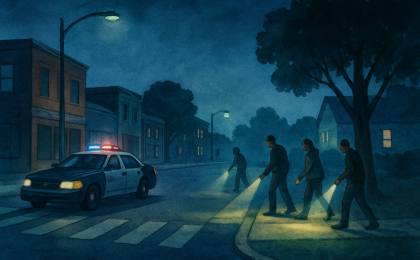 Scene of a nighttime neighborhood search near an intersection with a police car and flashlights.