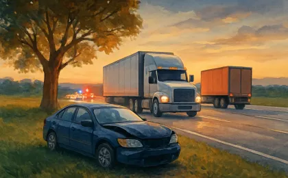 Illustration of a multi-vehicle highway crash on an interstate with a passenger car near a tree and stopped commercial vehicles.