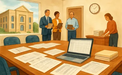 Illustration of a county commissioners meeting room with budget papers, a laptop spreadsheet, and a clerk organizing folders for department presentations.