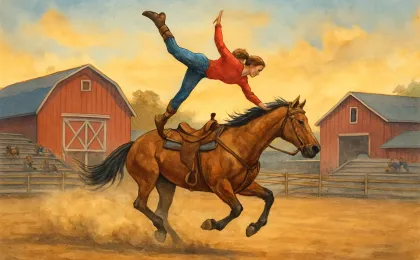 An illustrated fairgrounds arena with a mounted trick rider performing a stunt at sunset.
