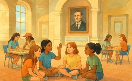 Young girls participating in interactive leadership activities in a museum-style setting