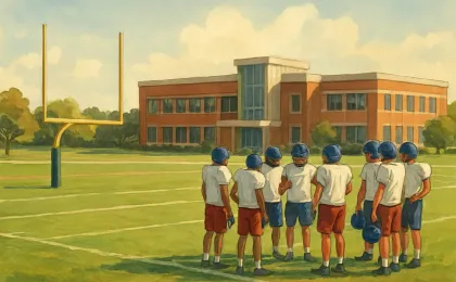 Illustration of athletes arriving for a preseason football training camp on a college campus practice field.