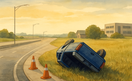 Illustration of an overnight roadside crash scene near an interstate ramp with a pickup resting on grass by a highway exit.