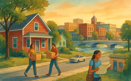 A Kansas town riverside with homes and downtown activity suggesting first-time homebuying momentum.