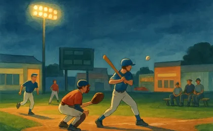 Youth baseball action on a community field with a scoreboard backdrop and local storefront facades in the distance.