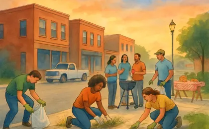 Volunteers clean downtown sidewalks and share a casual grill-and-snacks gathering between two brick storefronts in a Kansas town.