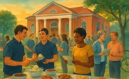 People enjoying an ice cream-and-dessert social at a community gathering near a classic brick building.