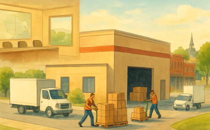 A warehouse and delivery activity scene alongside a city planning meeting setting.