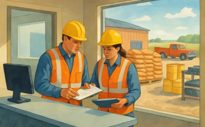 Illustration showing teamwork on workplace safety in a rural co-op setting with clear, orderly facilities.