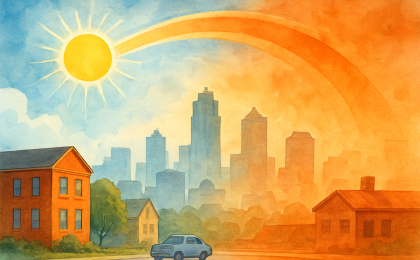 Sunshine over a city that gradually shifts into a hazy, hotter atmosphere as temperatures rise.