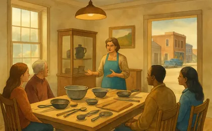 Warm, inviting scene inside a historic museum featuring a community table and kitchen artifacts for a local heritage food program.
