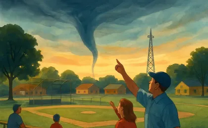 People at a park baseball game look up at a tornado-like cloud that an official says is a cold funnel.