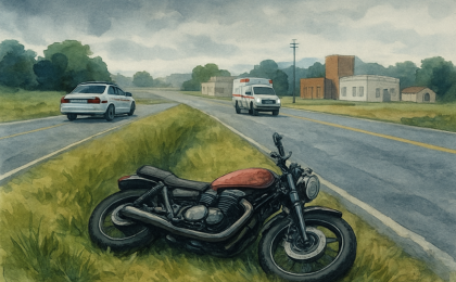 A rural highway scene with a motorcycle in a roadside ditch and emergency vehicles responding near a town medical facility.