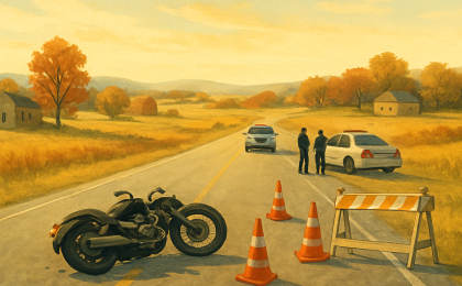 An editorial illustration of an emergency response scene along a Kansas highway after a motorcycle crash.
