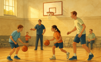 An illustration of a school gym basketball clinic with players practicing drills under coach guidance.