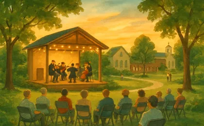 A crowd enjoying a live orchestra concert in a landscaped summer garden setting