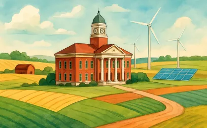 Illustration showing a rural courthouse beside farmland, with wind turbines and solar panels in the background to represent a zoning code affecting large-scale projects.