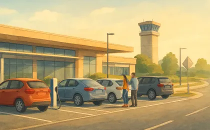 Illustration of a new airport cellphone lot with orderly parked cars, EV charging stations, and an emergency call point near a terminal area.