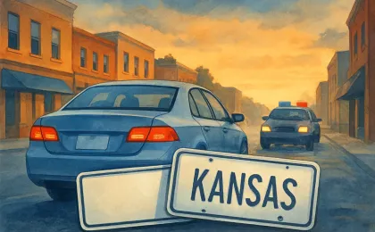 Illustration showing a license plate unobstructed versus a frame that would obscure identifying details, with a police cruiser in the background.