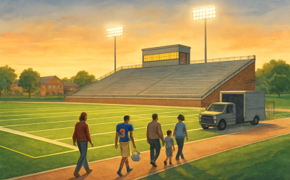 An illustrated stadium with new green turf and community members heading toward the field at dusk