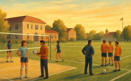 A sports-themed illustration showing volleyball and soccer practice at a community college campus.