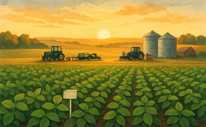 Illustration of a northeast Kansas soybean field with farm equipment suggesting ongoing crop research