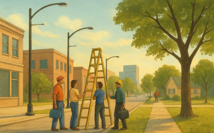 City workers and residents respond to missing streetlight banners along a Kansas City neighborhood street