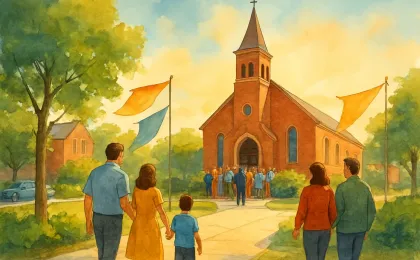 Warm illustration of a community gathering near a church with families and a choir preparing for an anniversary event