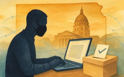 An abstract courthouse and Kansas map with a masked digital figure symbolizing anonymous online political messaging before a vote.