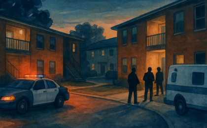 Illustration of an apartment complex at dusk with investigators and emergency vehicles after a shooting investigation