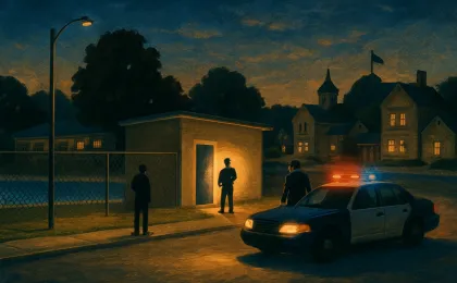 Nighttime illustration of investigators near a fenced HOA pool property after a reported break-in.