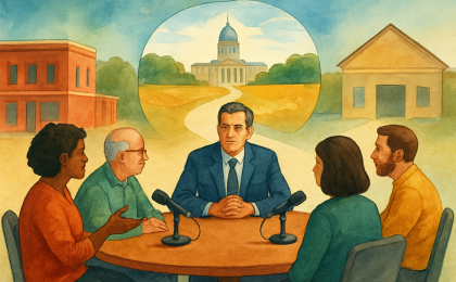 People gathered in a town hall meeting, discussing priorities with a local leader while an abstract path leads toward a distant government building.