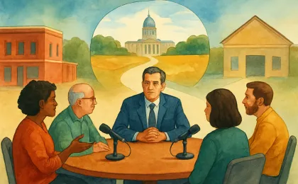 People gathered in a town hall meeting, discussing priorities with a local leader while an abstract path leads toward a distant government building.