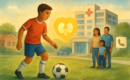 A soccer-themed illustration combining a child’s hope for a living kidney donation with a hospital setting.
