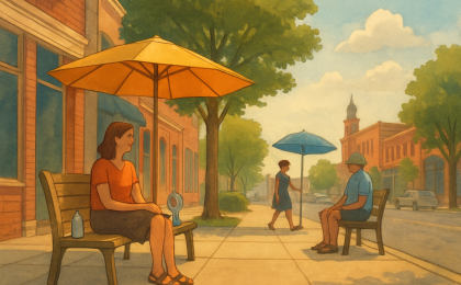 People cooling off in shade on a hot Kansas City day while the heat eases later in the week.