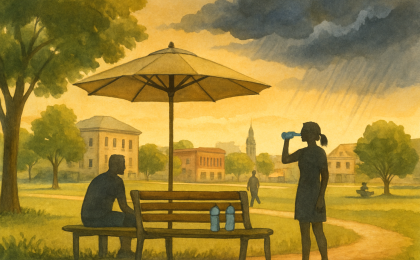 A Kansas City city-park scene with storm clouds in the distance and people taking shade and water breaks during hot weather