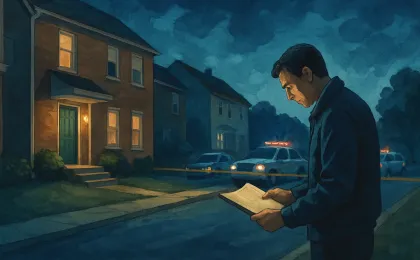 An illustration of investigators at a nighttime townhome near a residential street after a shooting investigation
