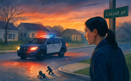Dusk street corner with flashing police lights indicating an Amber Alert search