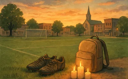 Empty youth soccer gear and candles near a small field, symbolizing community support and remembrance
