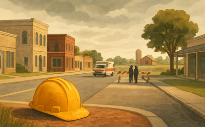 A somber illustration of a roadside construction scene near an intersection with emergency responders in the distance.
