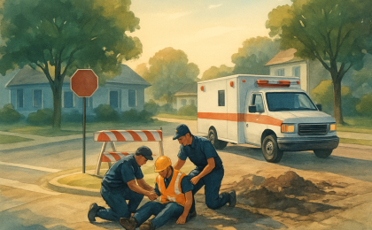 Responder and ambulance at a closed intersection after a vehicle struck a construction worker.